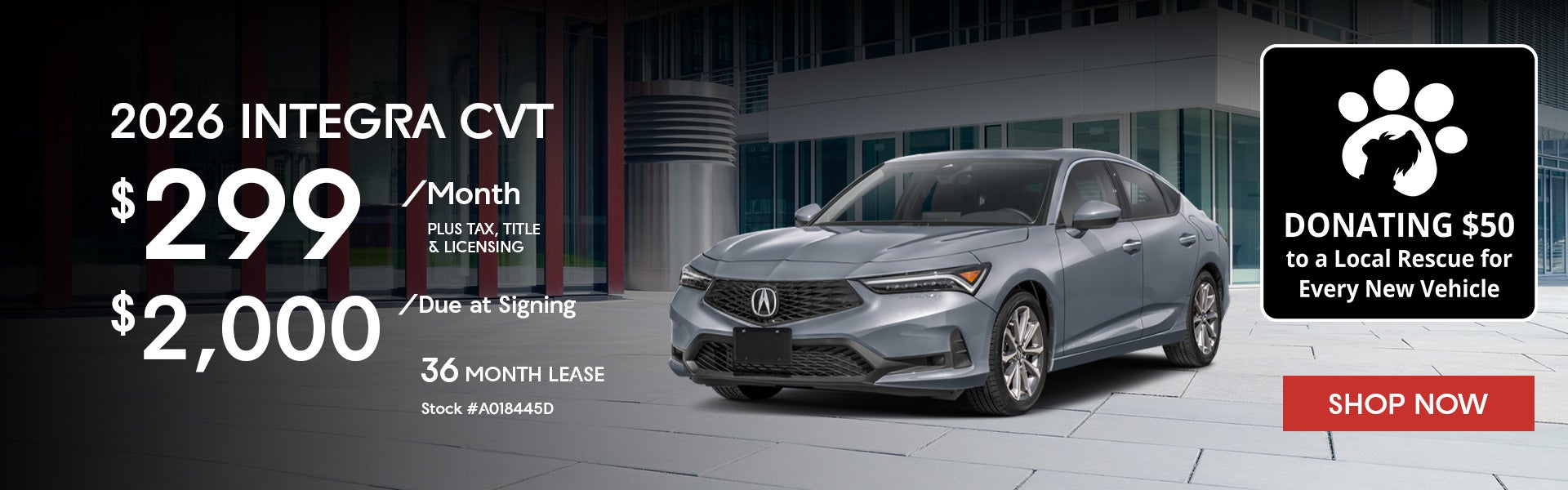 2026 Acura Integra CVT Lease from $299/mo, $2,000 due at sig